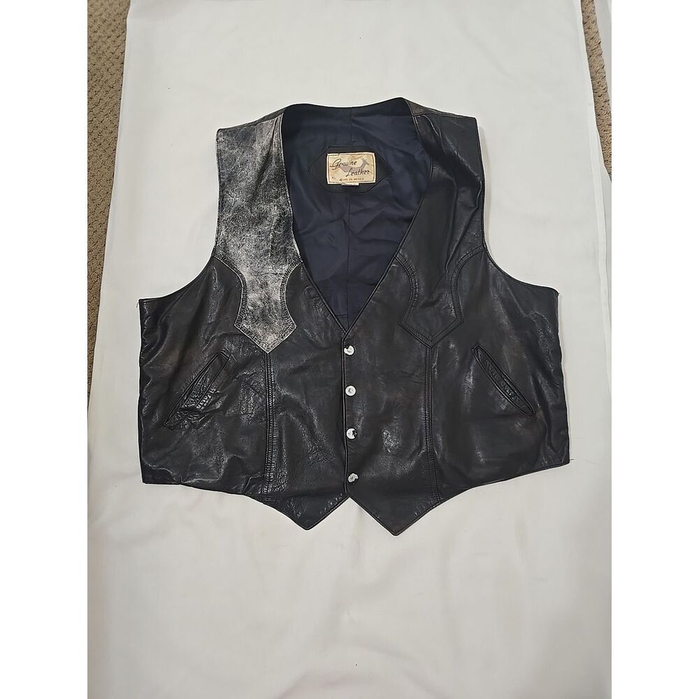 Leather Vest Mens Size XL Black  Snaps Pockets Western Lined